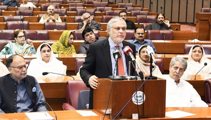 Finance Minister Ishaq Dar speaks on the floor of the National Assembly in Islamabad, on June 24, 2023. — Twitter/@FinMinistryPak
