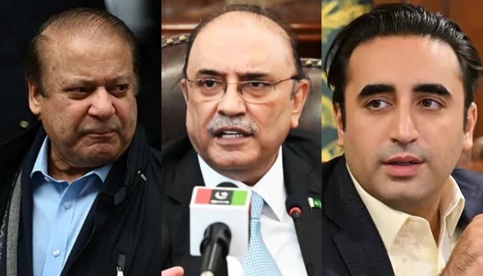 Left to right: PML-N chief Nawaz Sharif, PPP co-chairman Asif Zardari and Foreign Minister Bilawal Bhutto. — AFP/PPP Media Cell/File