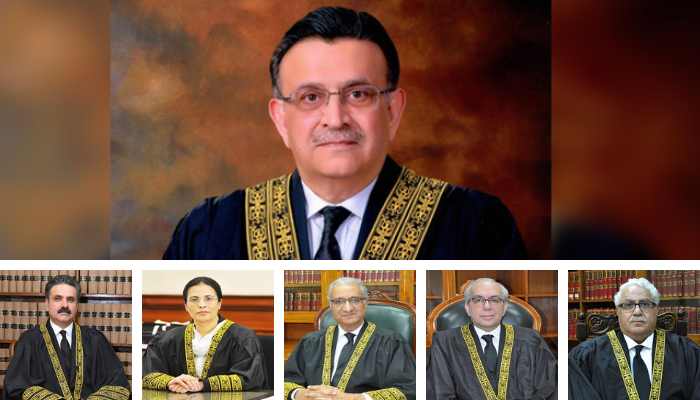 CJP Umar Ata Bandial (top) and (left to right) Justice Yahya Afridi, Justice Ayesha Malik, Justice Ijazul Ahsan, Justice Munib Akhtar, and Justice Mazahar Ali Naqvi. — Supreme Court website