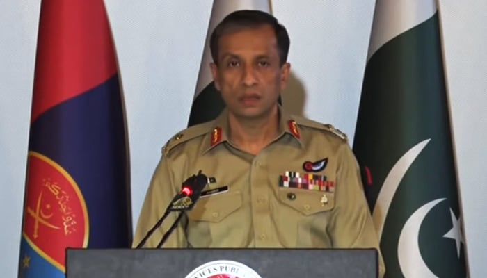DG ISPR Major General Ahmed Sharif Chaudhry is addressing the media at GHQ in Rawalpindi in this still taken from a video on June 26, Saturday. — YouTube/GeoNews