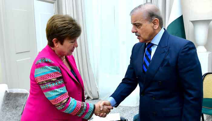 Prime Minister Shehbaz Sharif (right) meets IMF MD Kristalina Georgieva in this undated image. — PMs Office