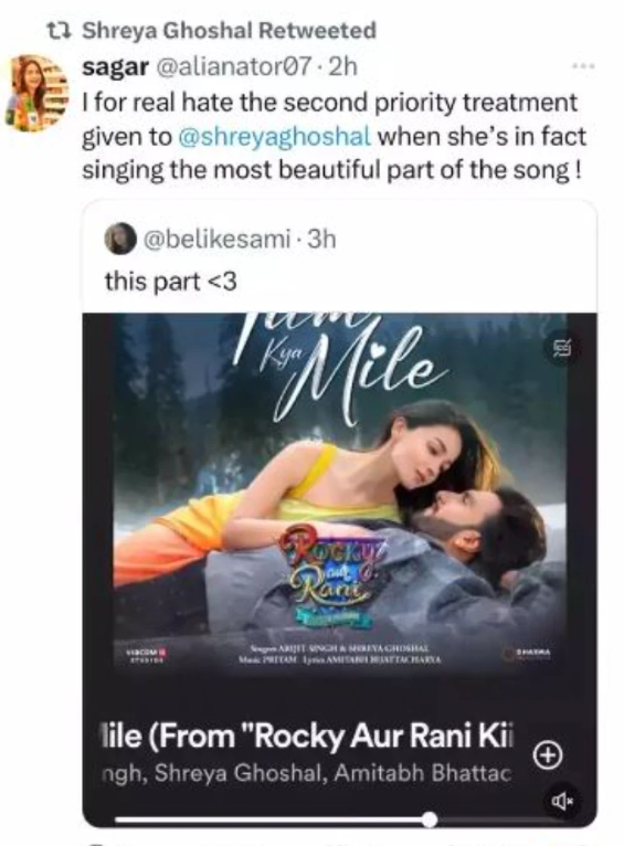 Shreya Goshal deletes response on NOT getting credit in RRKPK song Tum Kya Mile