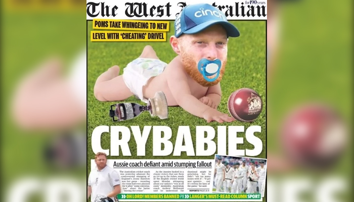 The West Australian newspaper frontpage showing Ben Stokes as a crybaby. — Twitter/@benstokes38