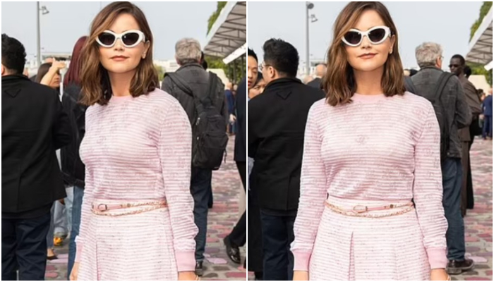 Jenna Coleman graces the Chanel Paris Fashion Week show in chic pink midi dress