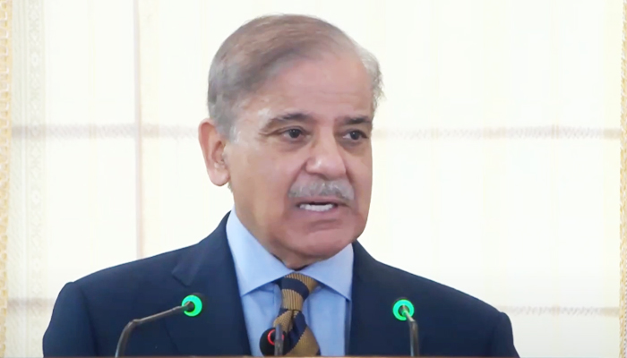 Prime Minister Shehbaz Sharif addressing a ceremony in Islamabad, on July 5, 2023, in this still taken from a video. — YouTube/PTVNewsLive