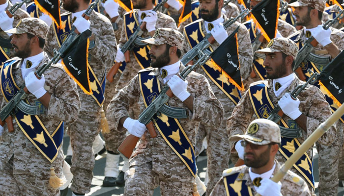 Iranian soldiers march during an annual military parade in the capital Tehran on 22 September 2022. — AFP