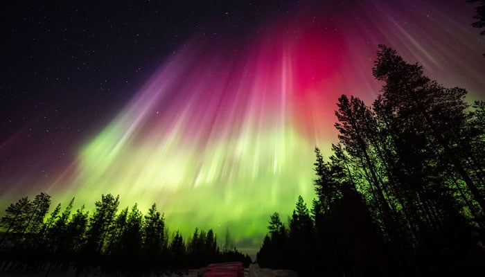 Picture made available by All About Lapland on March 24, 2023 and taken on on late March 23, 2023 shows colourful northern lights (Aurora borealis) appearing around the Arctic Circle near Rovaniemi, Finland. — AFP