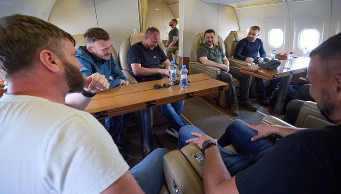 President Volodymyr Zelensky and the commanding officers who defended the Azovstal steel plant in Mariupol on the way to Ukraine on July 8. Presidents Office