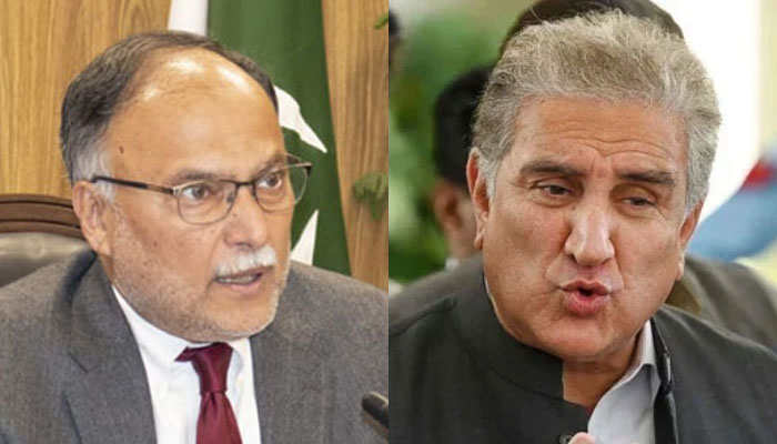 Federal Minister for Planning, Development and Special Initiatives Ahsan Iqbal (left) and PTI Vice Chairman Shah Mahmood Qureshi. — Radio Pakistan/AFP/File