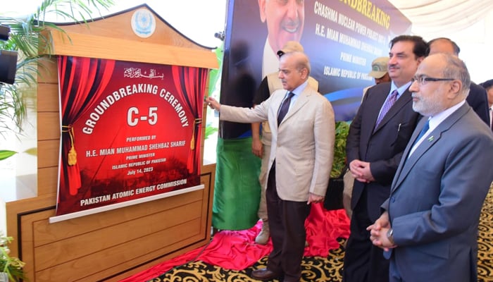 Prime Minister Shehbaz Sharif during the groundbreaking ceremony for the Chashma Nuclear Power Plant Unit 5 (C-5) in Mianwali, on July 14, 2023. — PMs Office