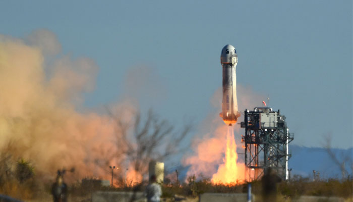 A Blue Origin New Shepard rocket launches from Launch Site One in West Texas north of Van Horn on March 31, 2022. — AFP