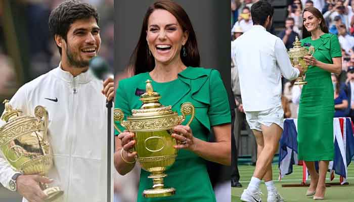Kate Middleton looks delighted as she hands Carlos Alcaraz Wimbledon trophy