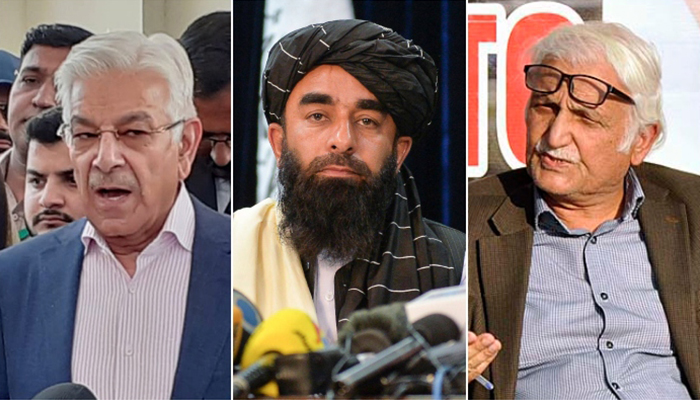 (L to R) Defence Miniser Khawaja Asif, Taliban spokesperson Zabihullah Mujahid, and PPP leader Fathatullah Babar. — NNI/Online/AFP