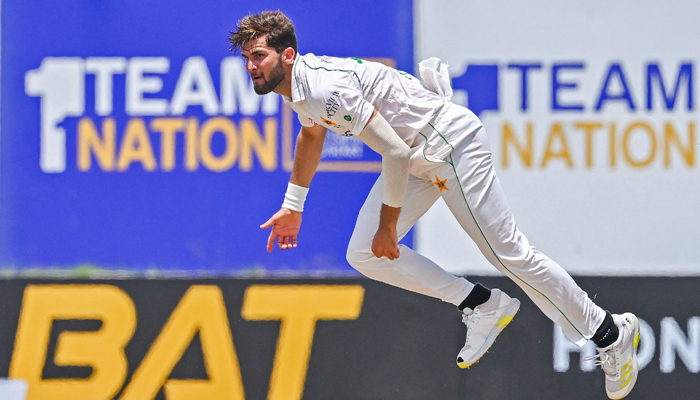 Shaheen Afridi balls during the first day of the first cricket Test match between Sri Lanka and Pakistan at the Galle International Cricket Stadium in Galle on July 16, 2023.—AFP