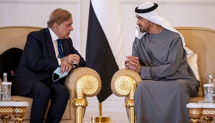 Prime Minister Shehbaz Sharif (left) offers condolences to United Arab Emirates President Sheikh Mohammed bin Zayed Al Nahyan after the death of president Sheikh Khalifa in Abu Dhabi on May 15, 2022. — UAE Ministry of Presidential Affairs