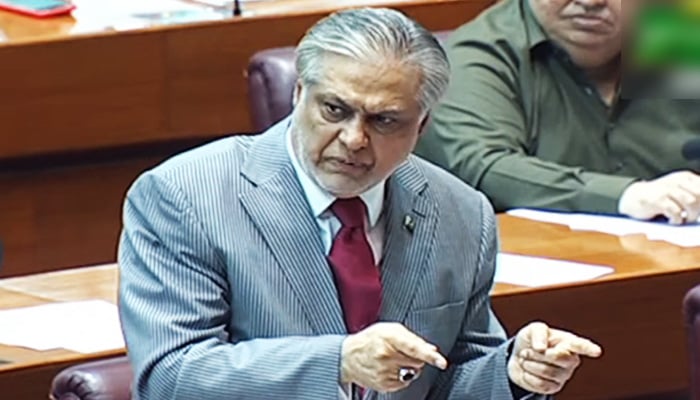 Finance Minister Ishaq Dar addresses on the floor of the National Assembly in Islamabad, on July 21, 2023, in this still taken from a video. — YouTube/PTVNewsLive