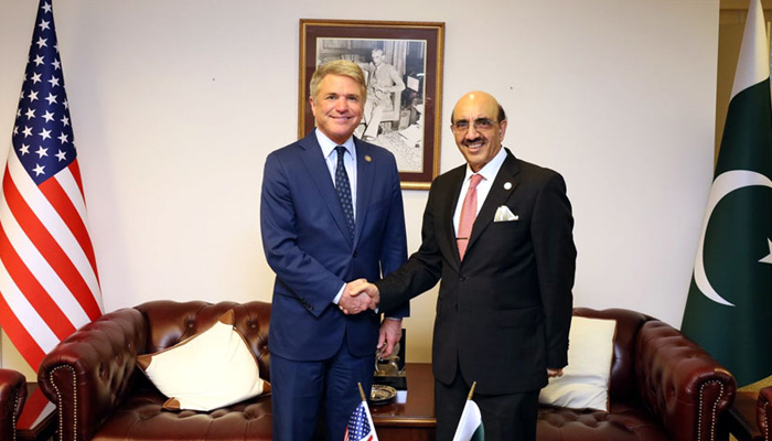 Chairman of the Foreign Affairs Committee Michael McCaul (left) shakes hand with Pakistan Ambassador to US Masood Khan in Washington. — Radio Pakistan
