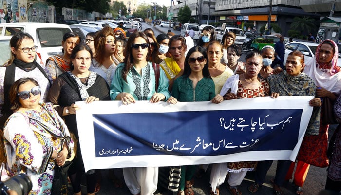 Transgender persons are holding a banner during a protest in favour of their demands at Karachi Press Club. — Online/Files