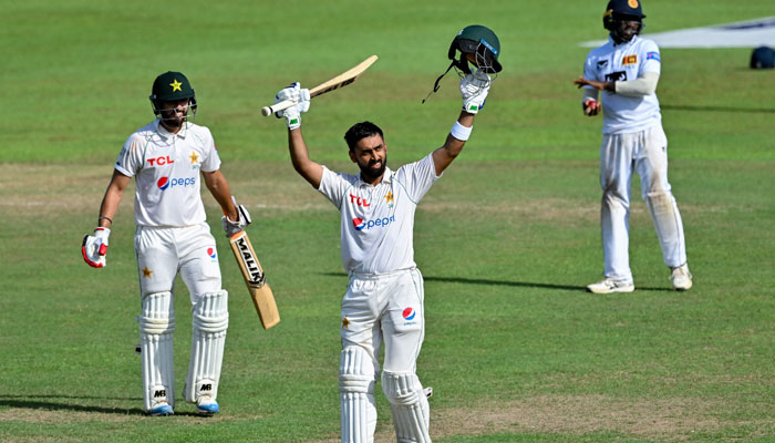 Pakistans Abdullah Shafique (centre) celebrates after scoring double centuries (200 runs) during the third day of the second and final cricket Test match between Pakistan and Sri Lanka at the Sinhalese Sports Club (SSC) Ground in Colombo on July 26, 2023. — AFP