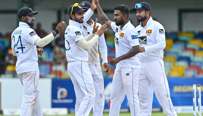 Sri Lankas fast bowler Asitha Fernando (second right) celebrates after taking a wicket against Pakistan in Colombo, on July 26, 2023. — ICC