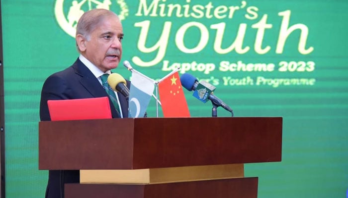 Prime Minister Shehbaz Sharif is addressing a laptop and cheques’ distribution ceremony in Gwadar on July 27, Thursday. — PID