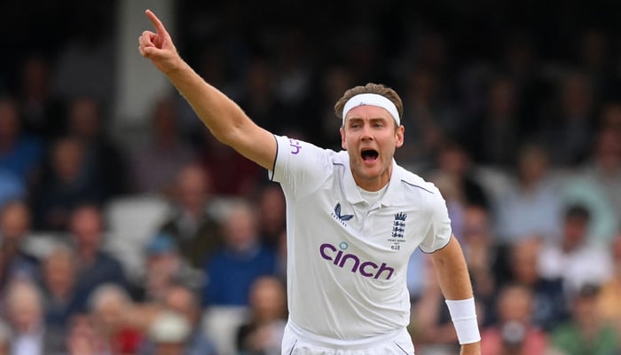 Englands Stuart Broad appeals unsuccessfully for a LBW (leg before wicket) decision against Australias Usman Khawaja during the Ashes cricket Test match between England and Australia at The Oval cricket ground in London on July 27, 2023