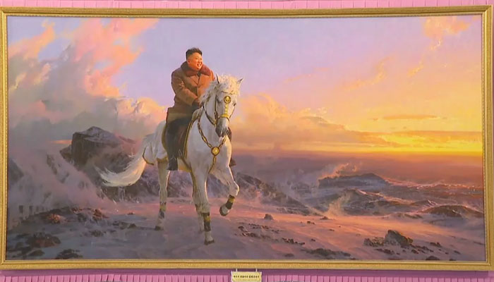 Kim Jong Un depicted riding a horse atop Mount Paektu, the tallest peak in North Korea. — KCNA