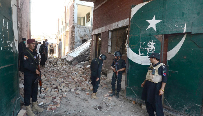 A damageD view of a building after AN attack took place in a Tehsil office’s compound in Khyber districts Bara area in Khyber Pakhtunkhwa on July 20, 2023. — INP