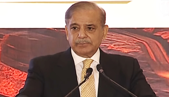 Prime Minister Shehbaz Sharif speaks during his address at the Pakistan Minerals Summit in Islamabad on August 1, 2023, in this still taken from a video. — YouTube/PTV News Live