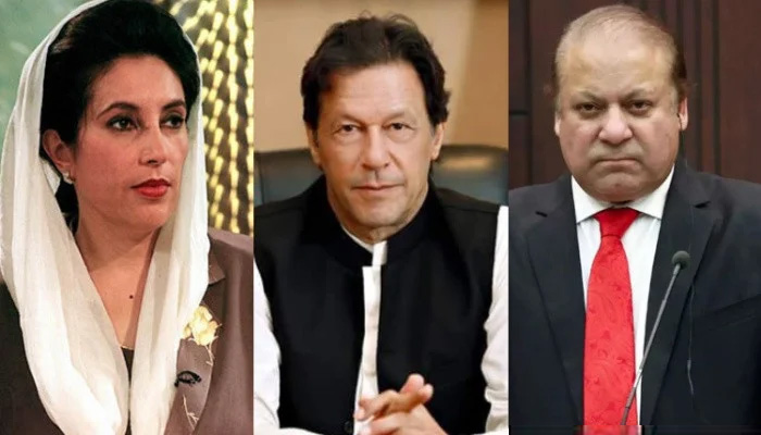 A collage of former Pakistani prime ministers, Benazir Bhutto (left), Imran Khan (centre) and Nawaz Sharif (left). — AFP/Twitter