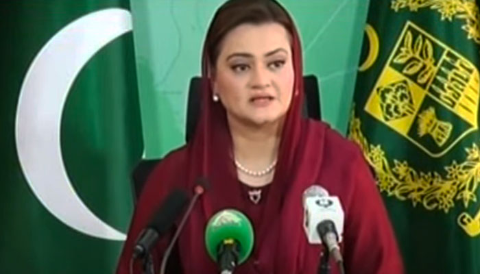 Minister for Information and Broadcasting Marriyum Aurangzeb speaking during a press conference on August 5, 2023. — YouTube screengrab/Geo News