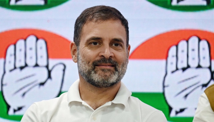 Congress party leader Rahul Gandhi gestures during a media briefing at the party headquarters in New Delhi on August 4, 2023. — AFP