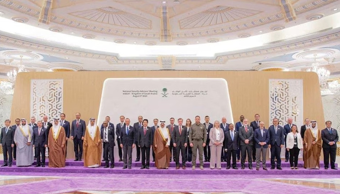 Representatives from more than 40 countries including China, India, and the US, pose for a picture as they attend talks in Jeddah, Saudi Arabia, August 6, 2023. — AFP