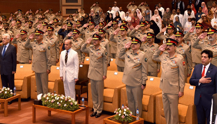 Prime Minister Shehbaz Sharif on his farewell visit to General Headquarters (GHQ) on August 8, 2023. — ISPR
