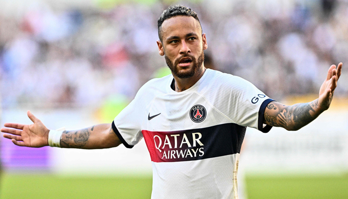 Paris Saint-Germains Neymar celebrates after scoring a goal against Jeonbuk Hyundai Motors during their friendly football match at the Asiad Main Stadium in Busan on August 3, 2023. — AFP