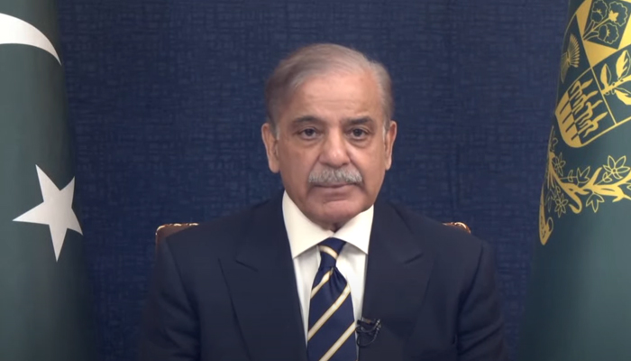 Outgoing Prime Minister Shehbaz Sharif is addressing the nation in this still taken from a video on August 13, 2023. — YouTube/GeoNews