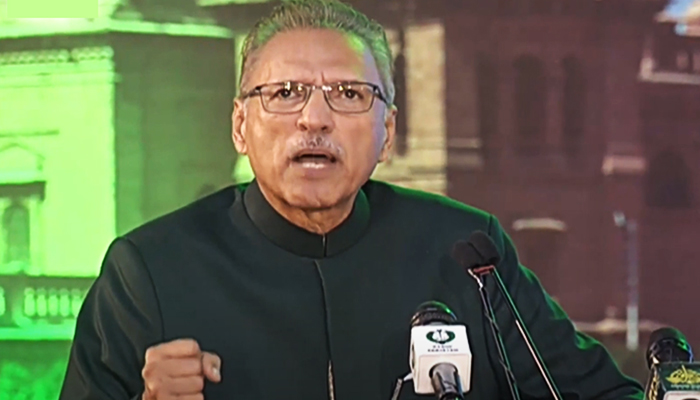 President Arif Alvi addresses nation after hoisting national flag at the main flag hoisting ceremony at the Convention Center in Islamabad, on August 14, 2023, in this still taken from  a video. — YouTube/PTVNewsLive