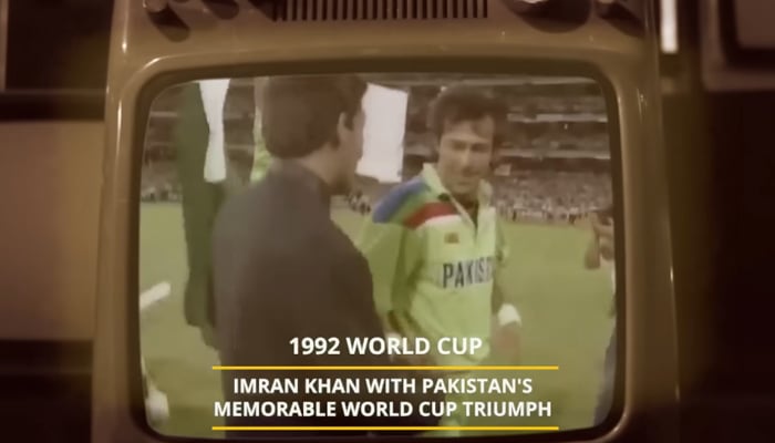 A screengrab taken from the Pakistan Cricket Boards new video in which Imran Khans celebration after the 1992 World Cup can be seen. — YouTube/@pakistancricketofficial