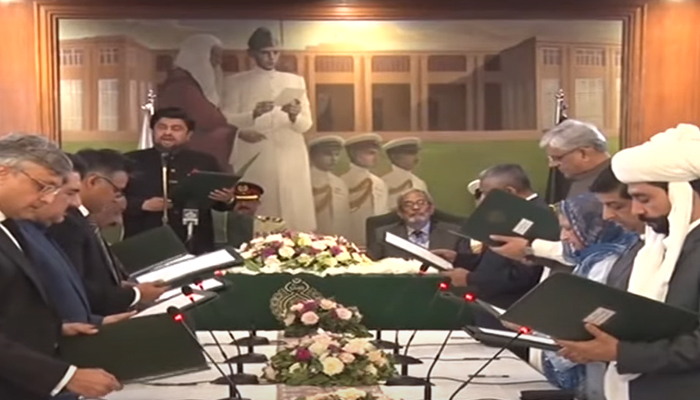 Sindh interim cabinet is taking oath at Sindh Governor House in this till taken from a video on August 19. 2023. — PTV/YouTube