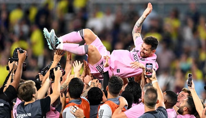 Inter Miami CF celebrates its first Leagues Cup win with Lionel Messi at Geodis Park, Nashville on August 19, 2023. — AFP