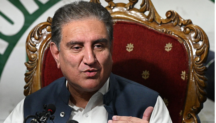 Shah Mahmood Qureshi, Vice Chairman of Pakistan Tehreek-e-Insaf (PTI) party and Pakistan´s former Foreign Affairs Minister speaks during a press conference in Islamabad on August 19, 2023. — AFP