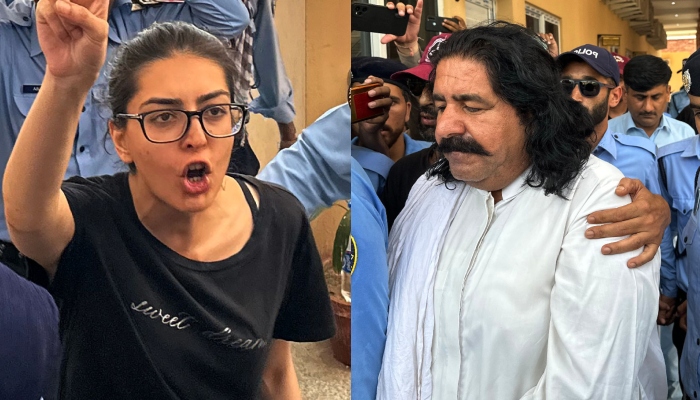 Human rights lawyer Imaan Mazari and PTM leader Ali Wazir photographed after their arrests on August 20, 2023. — AFP