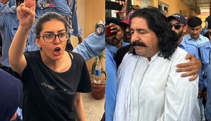 Human rights lawyer Imaan Mazari (left) and PTM leader Ali Wazir photographed after their arrests on August 20, 2023. — AFP