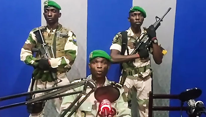 In this video grab made on video footage obtained on YouTube on January 7, 2019, shows Gabon soldiers on state radio. — AFP/File