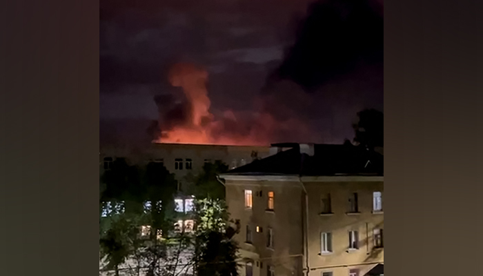 This screengrab taken from a video on Telegram shows a thick smoke with a fire lit inside it after the Russian northwestern city Pskov was attacked by drones on August 30, 2023. — Telegram/@rian_ru