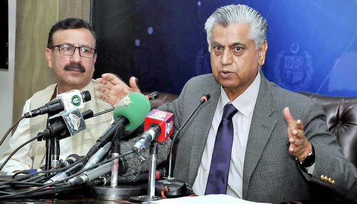 Caretaker Federal Information Minister Murtaza Solangi is addressing a press conference in this undated picture. — APP