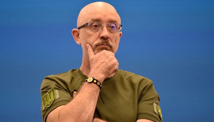 Ukrayna Savunma Bakanı Oleksiy Reznikov, 28 Ağustos 2023'te Kiev'de bir basın toplantısına katıldı. — AFP