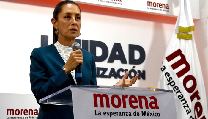 Former Head of Government of Mexico City and presidential candidate for the Morena party, Claudia Sheinbaum, speaks during a press conference in Mexico City on September 7, 2023. — AFP