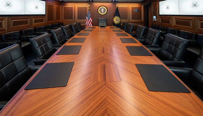 The main meeting room table is seen in the newly renovated White House Situation Room, in a White House handout photo taken in the West Wing of the White House in Washington. U.S. August 16, 2023. The White House