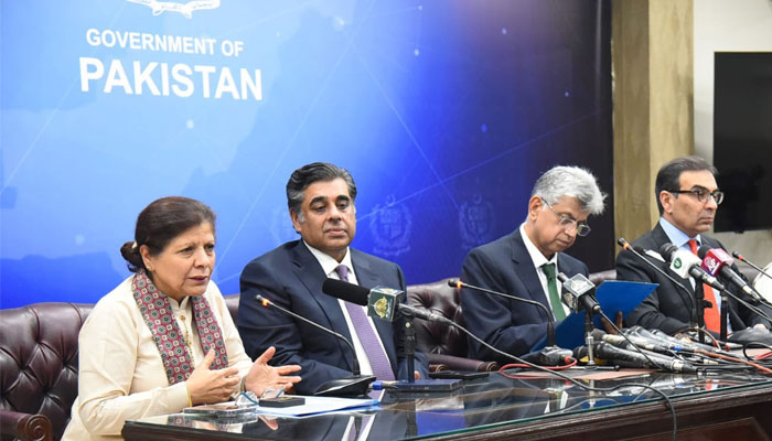 (L to R) Caretaker Finance Minister Shamshad Akhtar, Commerce Minister Gohar Ejaz, Information Minister Murtaza Solangi and Power Minister Muhammad Ali addressing the joint press conference after the SIFC Apex Committee meeting on September 8, 2023. — PID